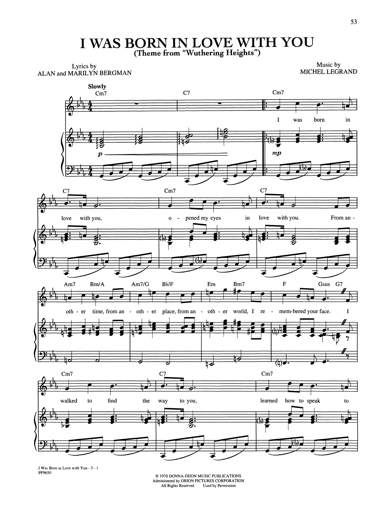 Alan and Marilyn Bergman and Michel Legrand I Was Born In Love With You Sheet Music Notes & Chords for Piano, Vocal & Guitar Chords (Right-Hand Melody) - Download or Print PDF