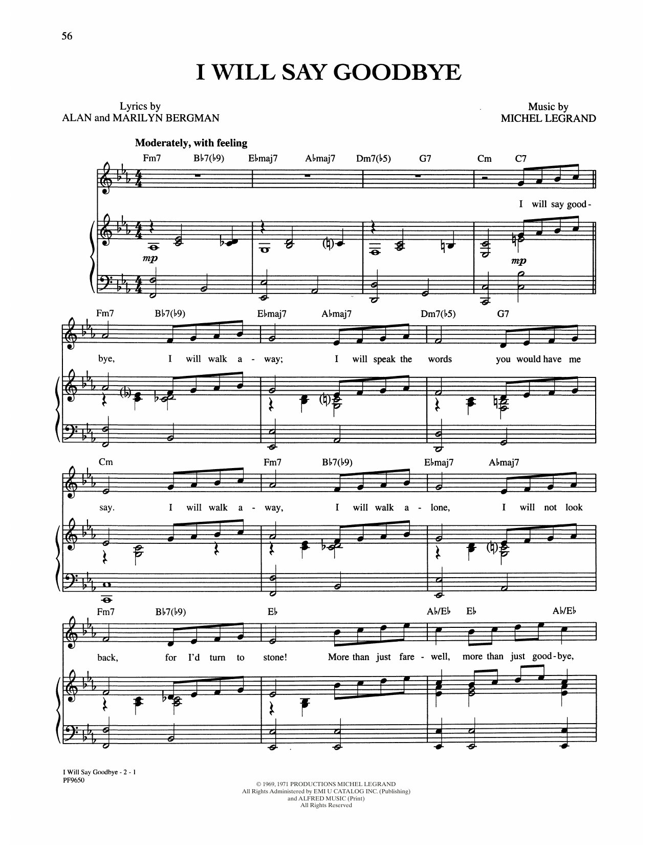 Alan and Marilyn Bergman and Michel Legrand I Will Say Goodbye Sheet Music Notes & Chords for Piano, Vocal & Guitar Chords (Right-Hand Melody) - Download or Print PDF