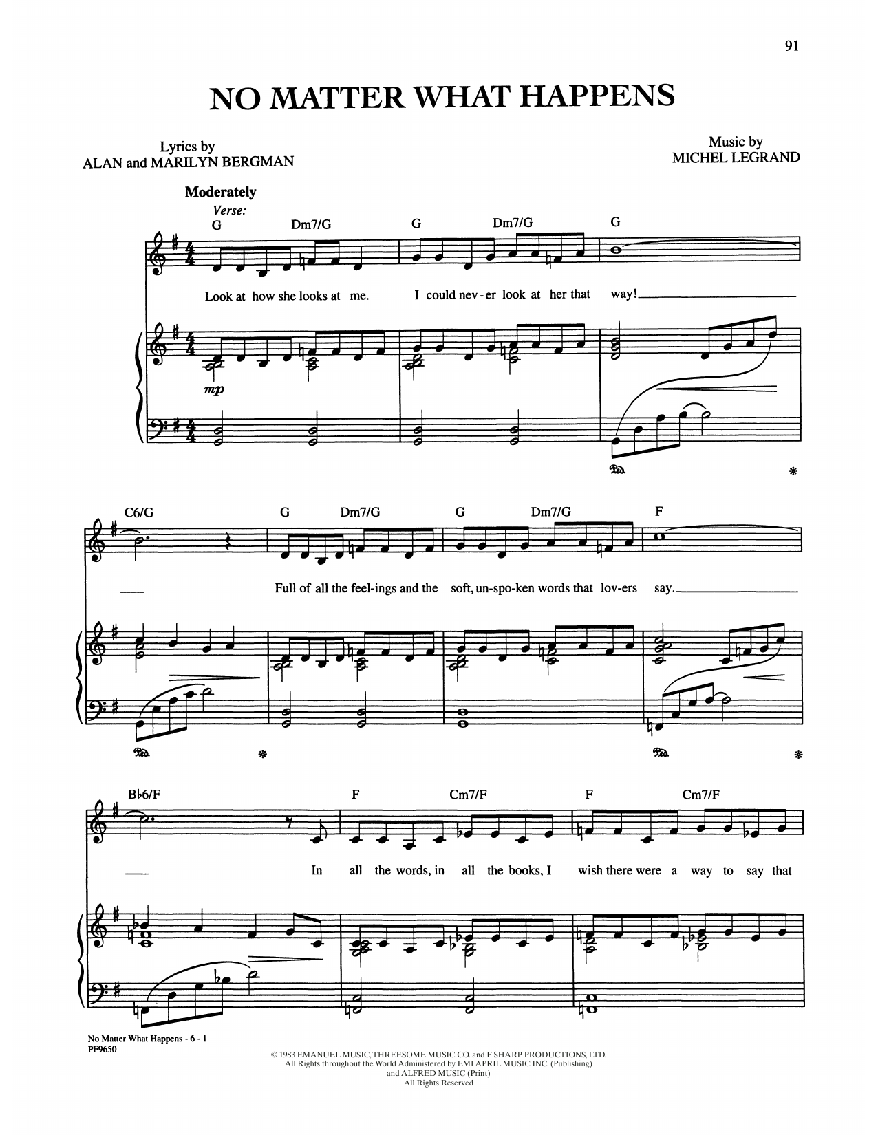 Alan and Marilyn Bergman and Michel Legrand No Matter What Happens Sheet Music Notes & Chords for Piano, Vocal & Guitar Chords (Right-Hand Melody) - Download or Print PDF