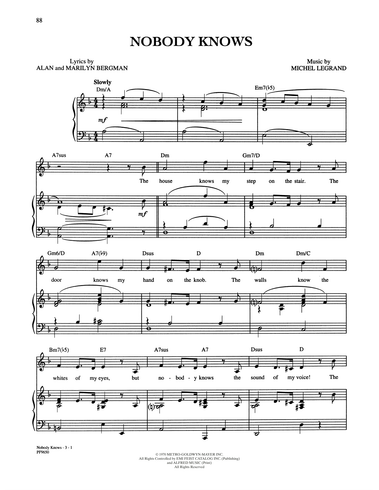 Alan and Marilyn Bergman and Michel Legrand Nobody Knows Sheet Music Notes & Chords for Piano, Vocal & Guitar Chords (Right-Hand Melody) - Download or Print PDF