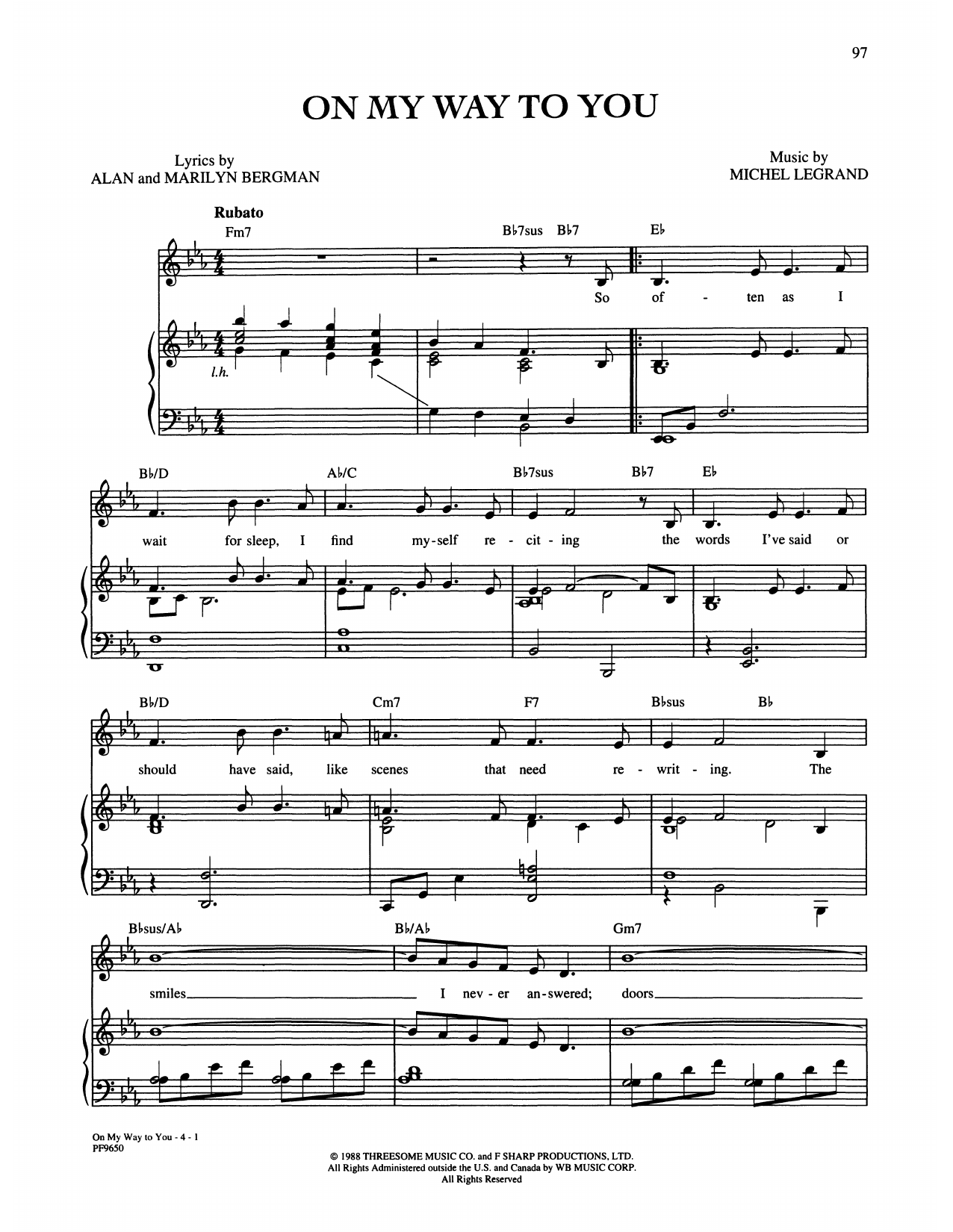 Alan and Marilyn Bergman and Michel Legrand On My Way To You Sheet Music Notes & Chords for Piano, Vocal & Guitar Chords (Right-Hand Melody) - Download or Print PDF