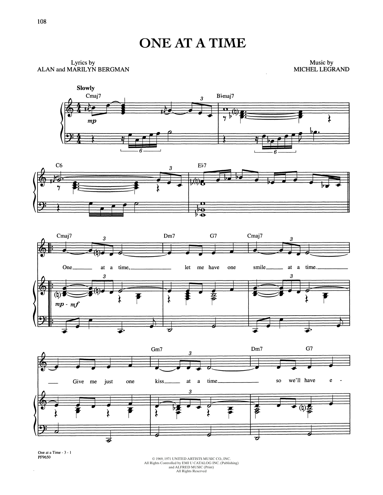 Alan and Marilyn Bergman and Michel Legrand One At A Time Sheet Music Notes & Chords for Piano, Vocal & Guitar Chords (Right-Hand Melody) - Download or Print PDF