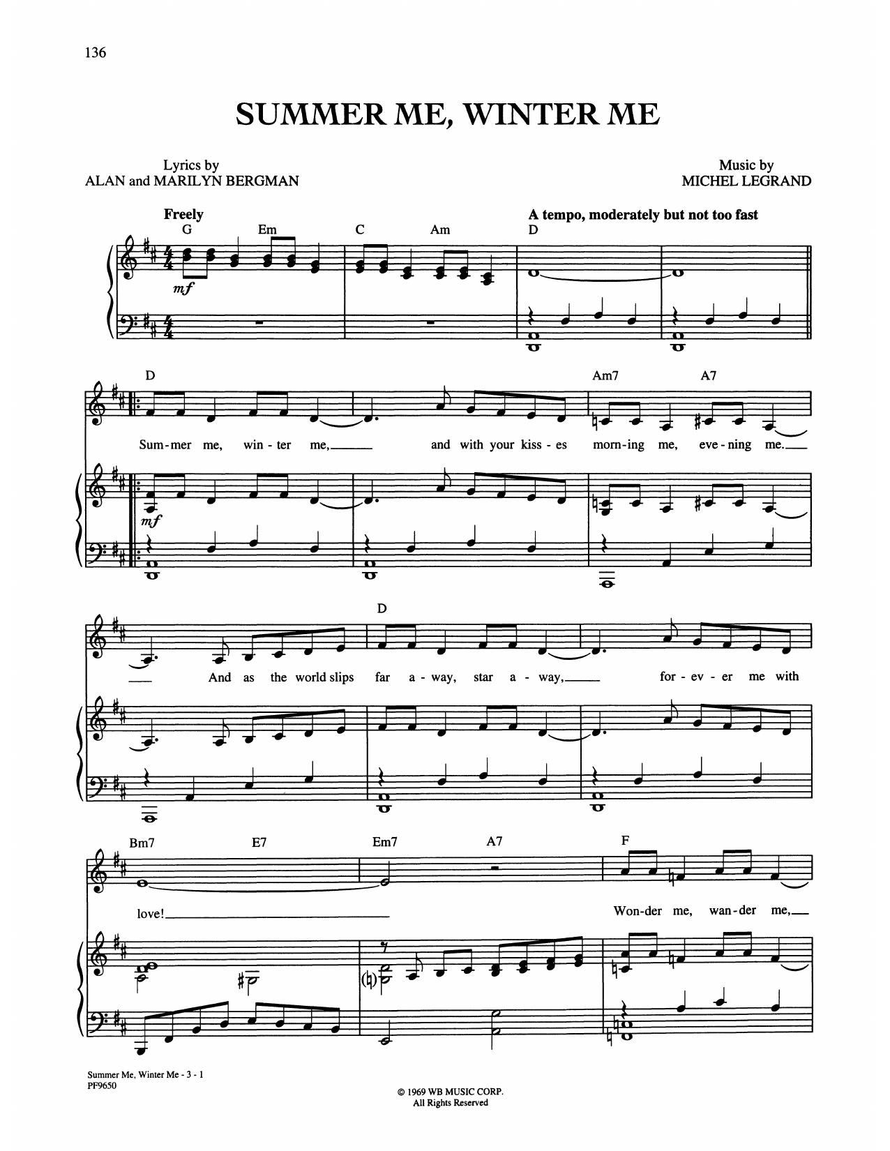 Alan and Marilyn Bergman and Michel Legrand Summer Me, Winter Me Sheet Music Notes & Chords for Piano, Vocal & Guitar Chords (Right-Hand Melody) - Download or Print PDF