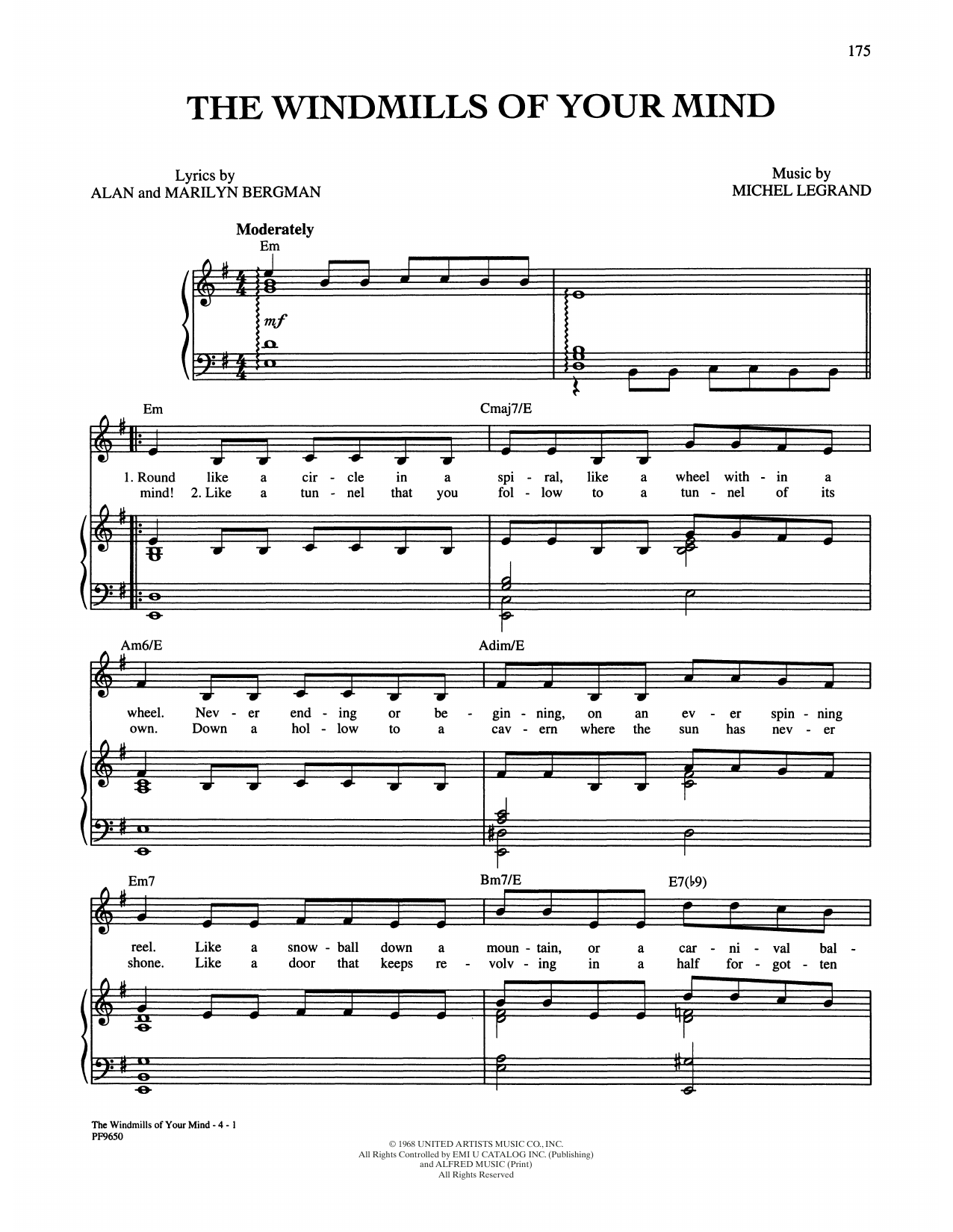 Alan and Marilyn Bergman and Michel Legrand The Windmills Of Your Mind Sheet Music Notes & Chords for Piano, Vocal & Guitar Chords (Right-Hand Melody) - Download or Print PDF