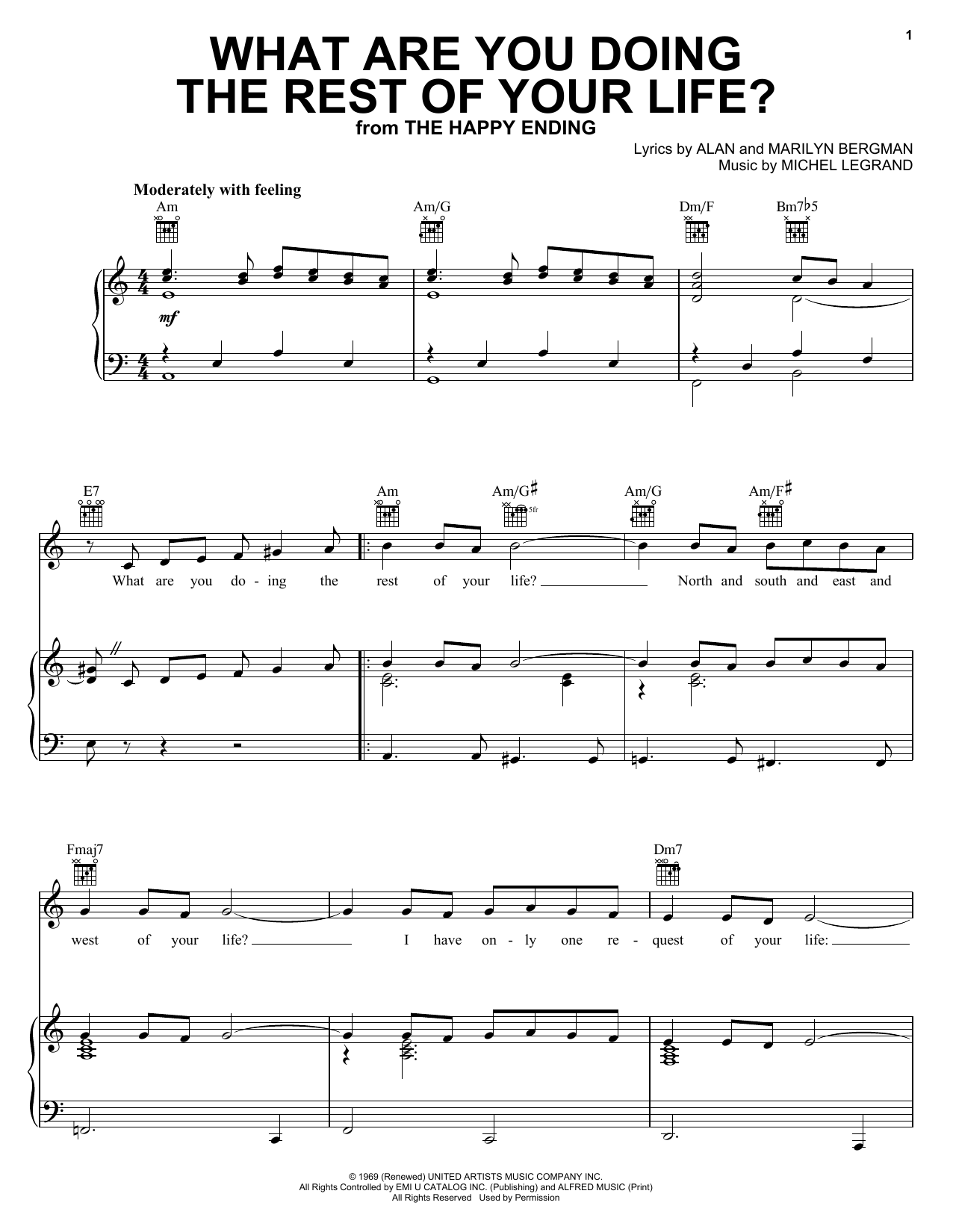 Alan and Marilyn Bergman and Michel Legrand What Are You Doing The Rest Of Your Life? Sheet Music Notes & Chords for Melody Line, Lyrics & Chords - Download or Print PDF