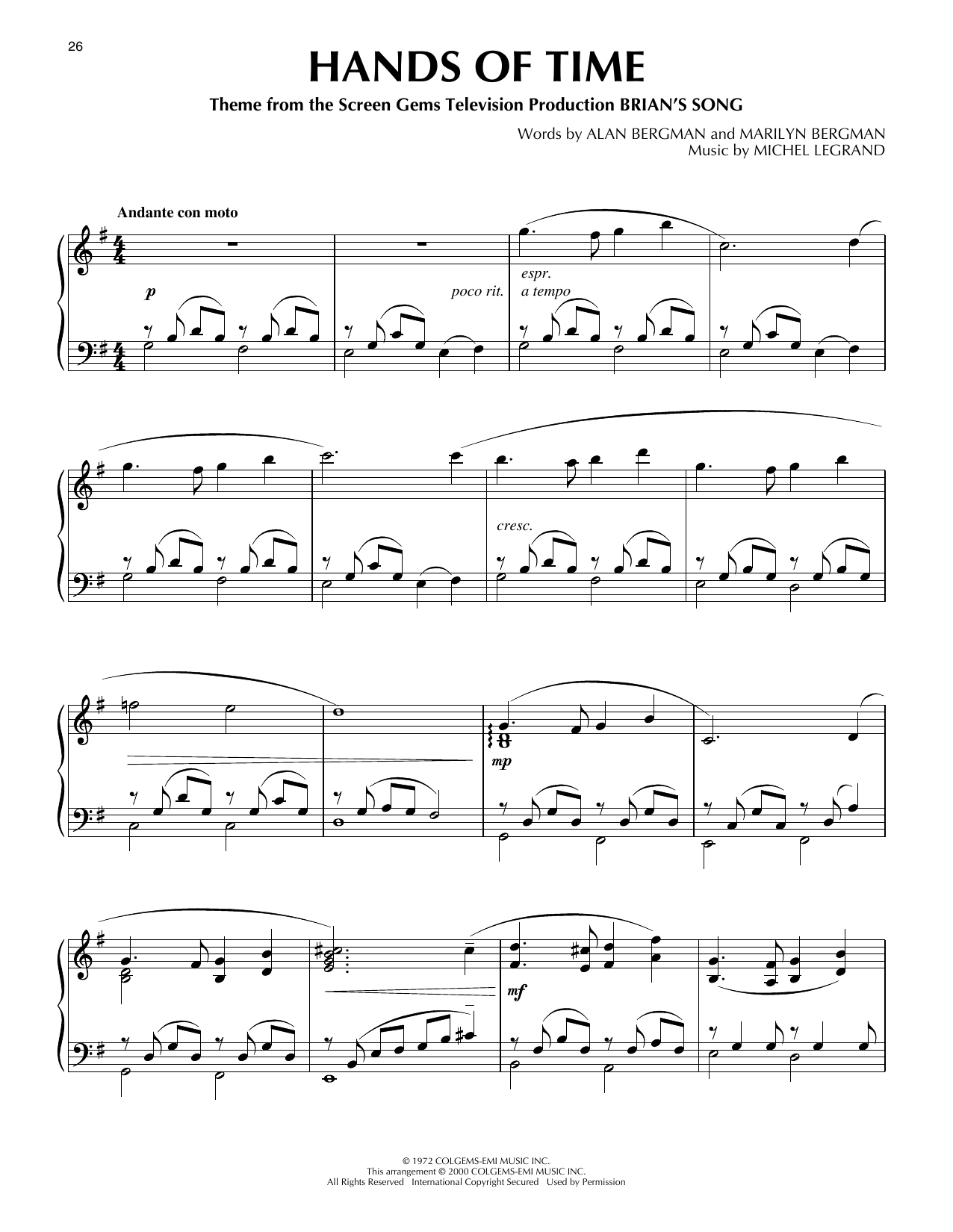Alan Bergman Hands Of Time (from Brian's Song) (arr. Phillip Keveren) Sheet Music Notes & Chords for Piano Solo - Download or Print PDF