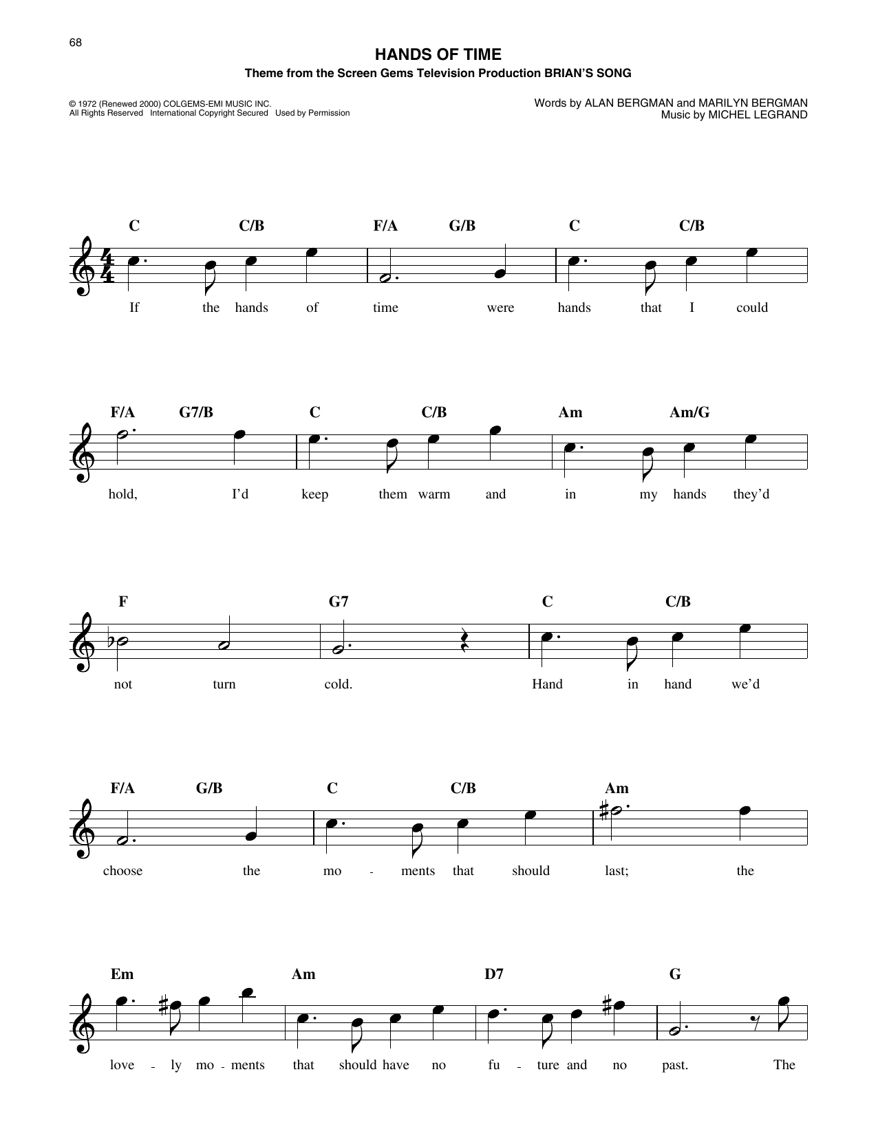 Alan Bergman Hands Of Time (from Brian's Song) Sheet Music Notes & Chords for Easy Lead Sheet / Fake Book - Download or Print PDF