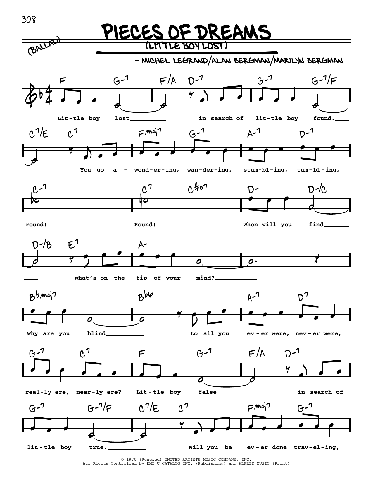 Alan Bergman Pieces Of Dreams (Little Boy Lost) (High Voice) Sheet Music Notes & Chords for Real Book – Melody, Lyrics & Chords - Download or Print PDF