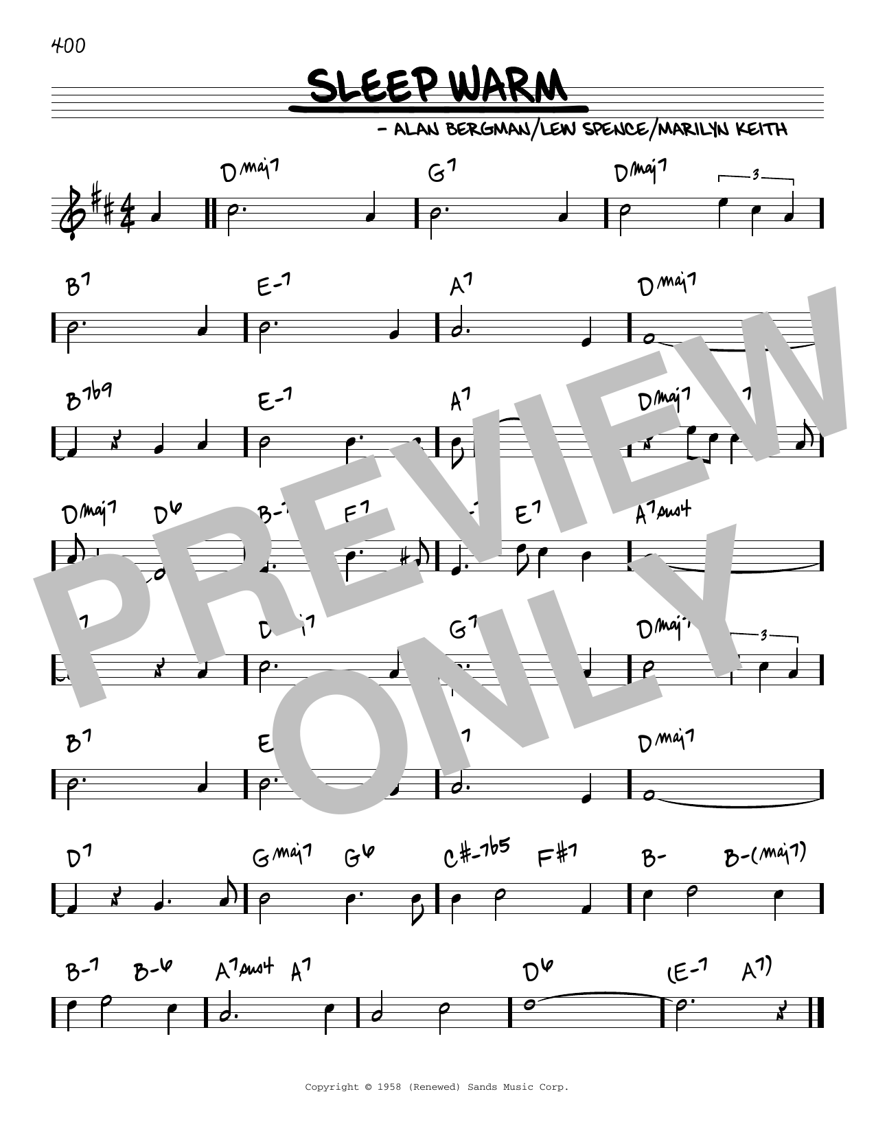 Alan Bergman Sleep Warm Sheet Music Notes & Chords for Real Book – Melody & Chords - Download or Print PDF