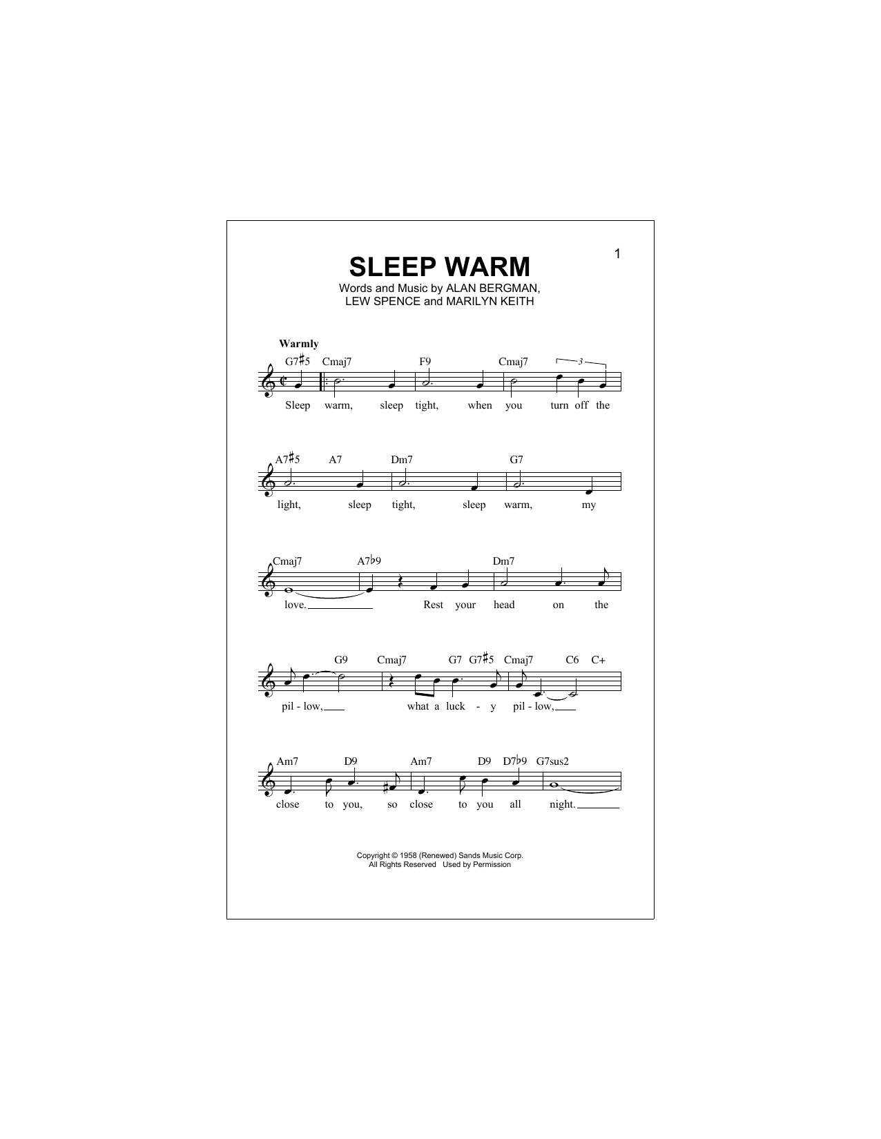 Alan Bergman Sleep Warm Sheet Music Notes & Chords for Melody Line, Lyrics & Chords - Download or Print PDF