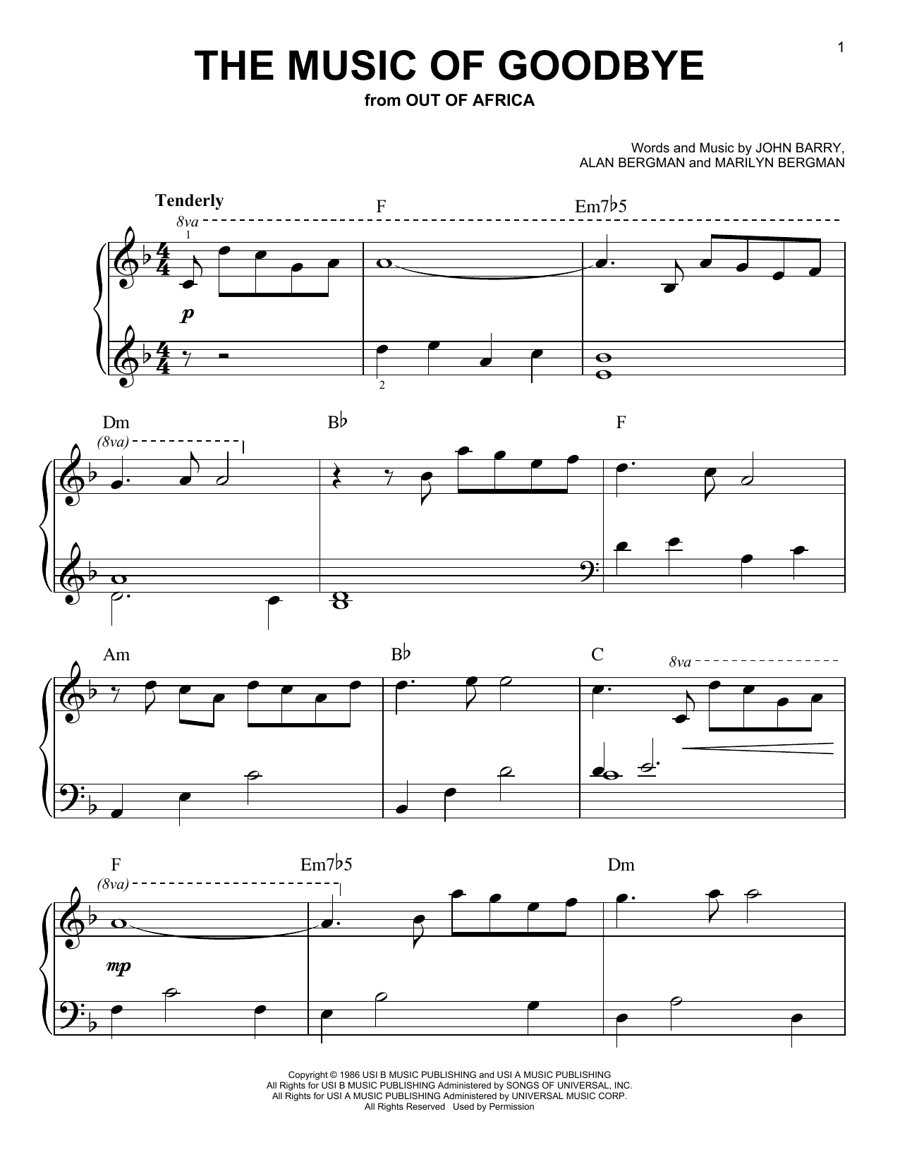 Alan Bergman The Music Of Goodbye (from Out of Africa) Sheet Music Notes & Chords for Very Easy Piano - Download or Print PDF