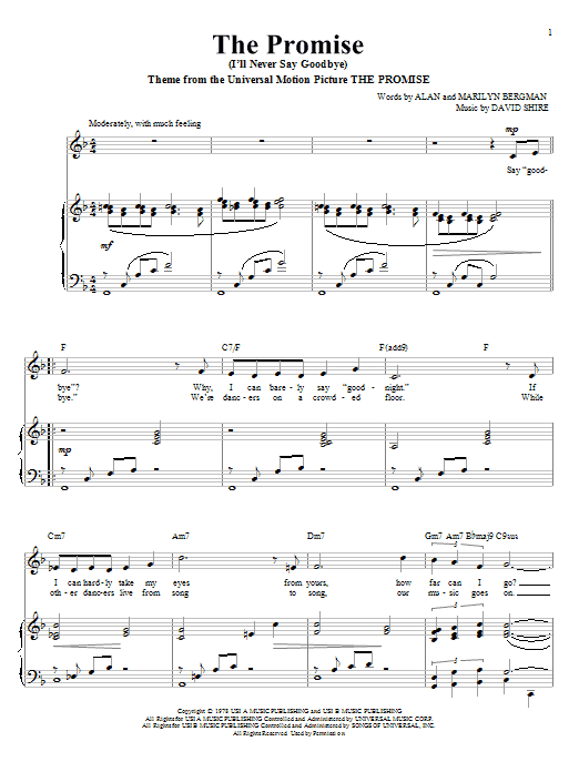Alan Bergman The Promise (I'll Never Say Goodbye) Sheet Music Notes & Chords for Piano & Vocal - Download or Print PDF