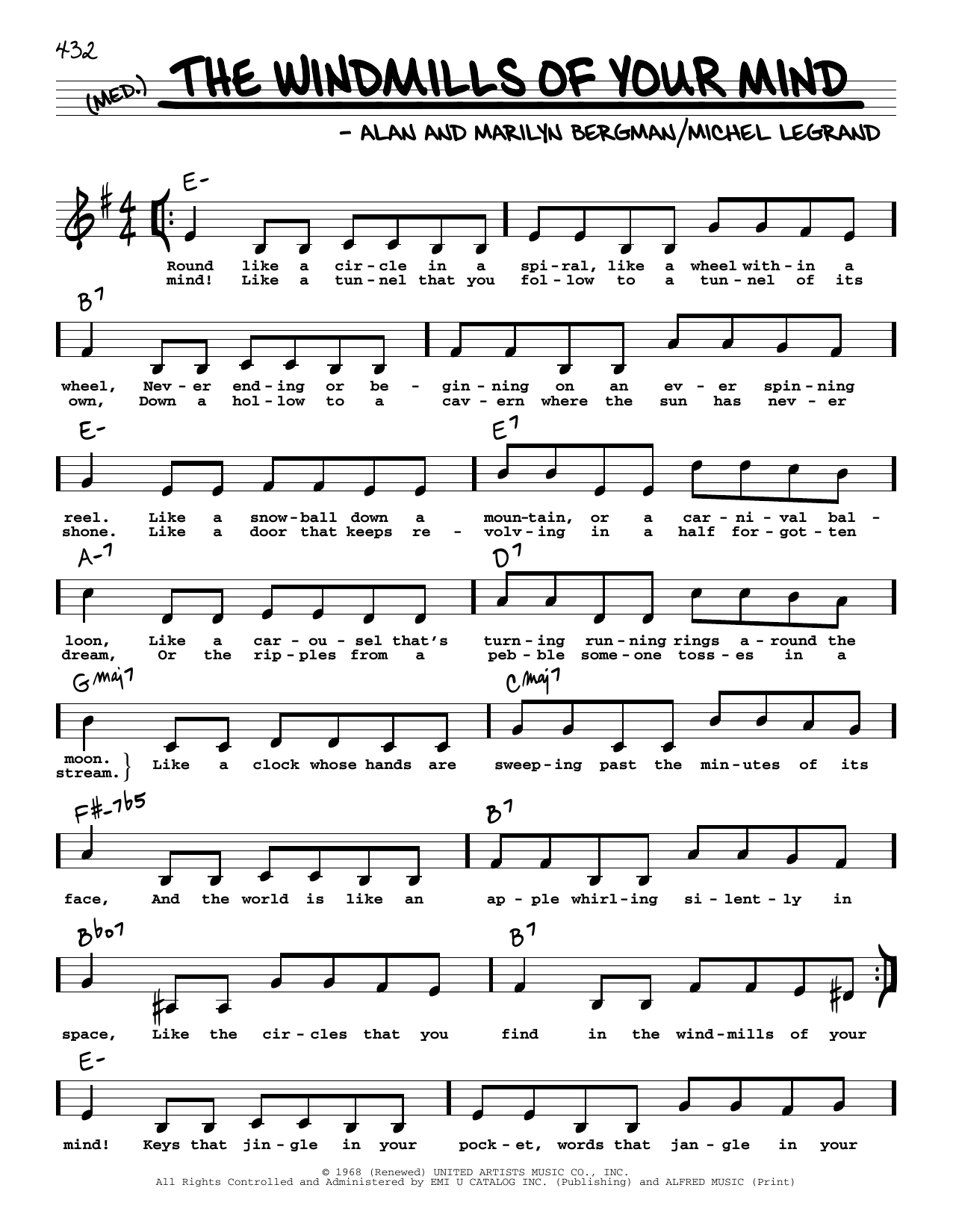 Alan Bergman The Windmills Of Your Mind (High Voice) Sheet Music Notes & Chords for Real Book – Melody, Lyrics & Chords - Download or Print PDF