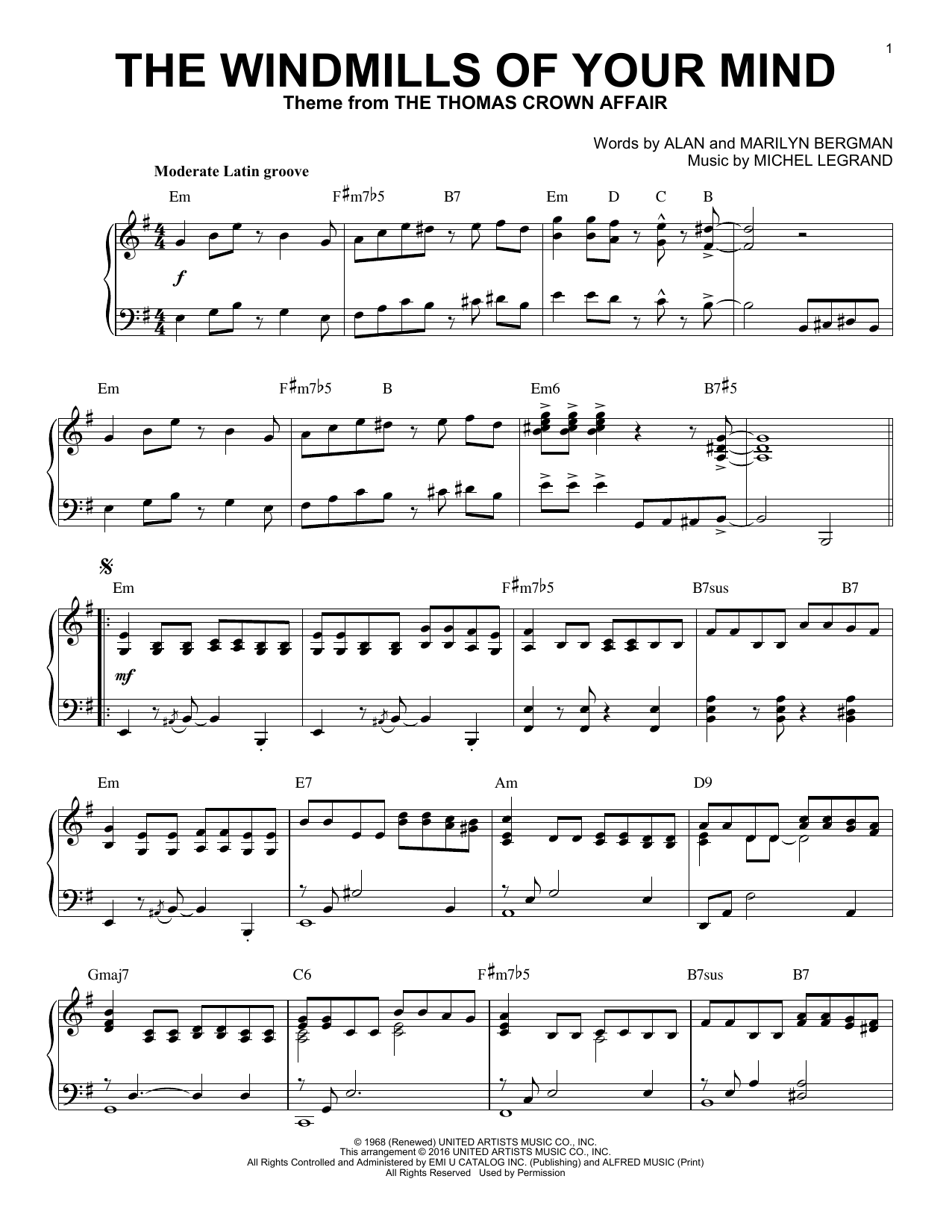 Alan Bergman The Windmills Of Your Mind [Jazz version] (arr. Brent Edstrom) Sheet Music Notes & Chords for Piano - Download or Print PDF