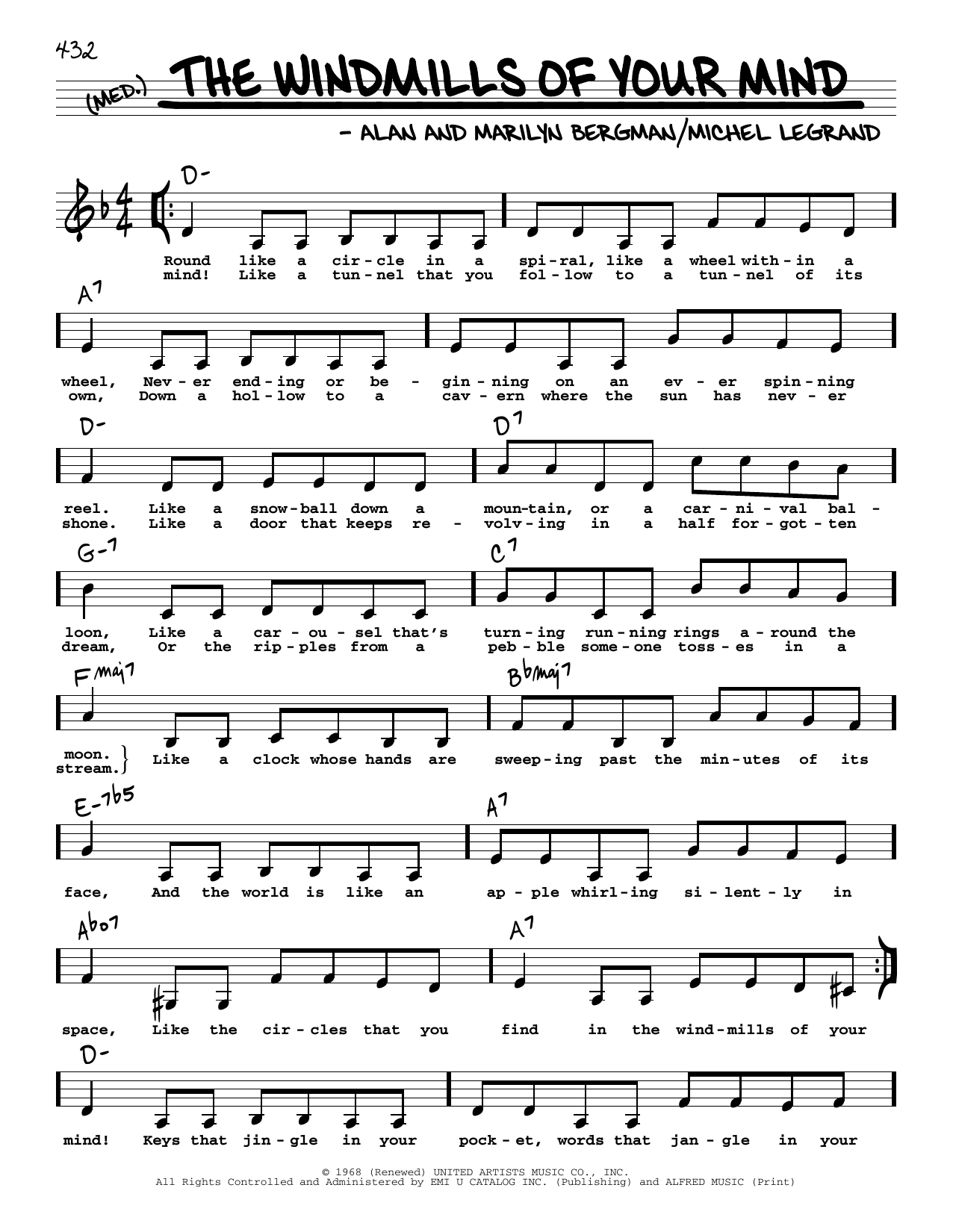 Alan Bergman The Windmills Of Your Mind (Low Voice) Sheet Music Notes & Chords for Real Book – Melody, Lyrics & Chords - Download or Print PDF
