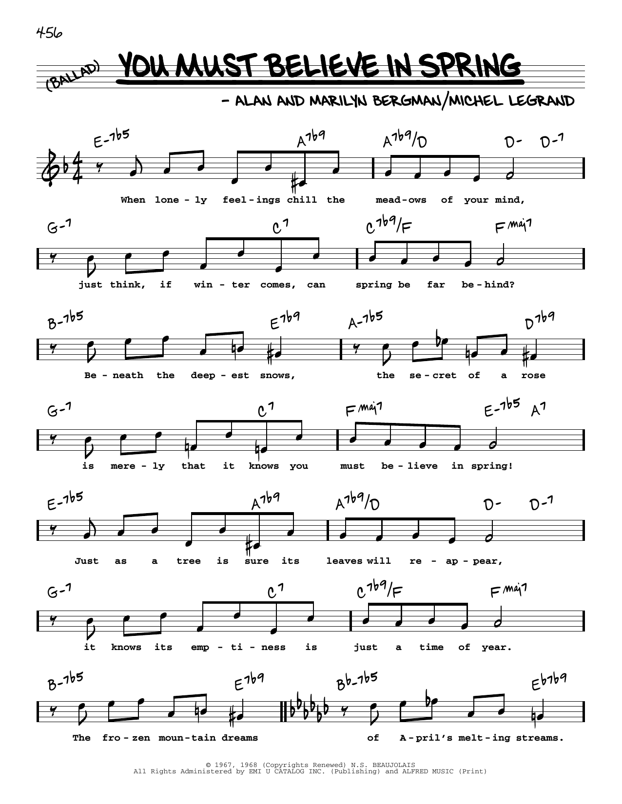 Alan Bergman You Must Believe In Spring (High Voice) Sheet Music Notes & Chords for Real Book – Melody, Lyrics & Chords - Download or Print PDF