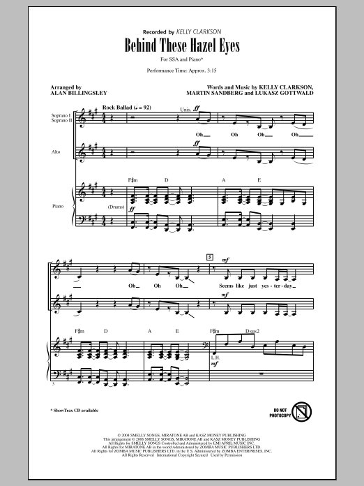 Kelly Clarkson Behind These Hazel Eyes (arr. Alan Billingsley) Sheet Music Notes & Chords for SSA - Download or Print PDF