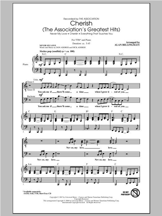 The Association Cherish (The Association's Greatest Hits) (arr. Alan Billingsley) Sheet Music Notes & Chords for TTBB - Download or Print PDF