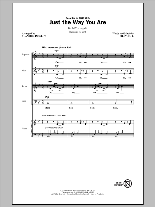 Billy Joel Just The Way You Are (arr. Alan Billingsley) Sheet Music Notes & Chords for SATB - Download or Print PDF