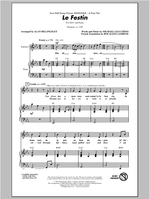 Camille Le Festin (from Ratatouille) (arr. Alan Billingsley) Sheet Music Notes & Chords for SSA - Download or Print PDF