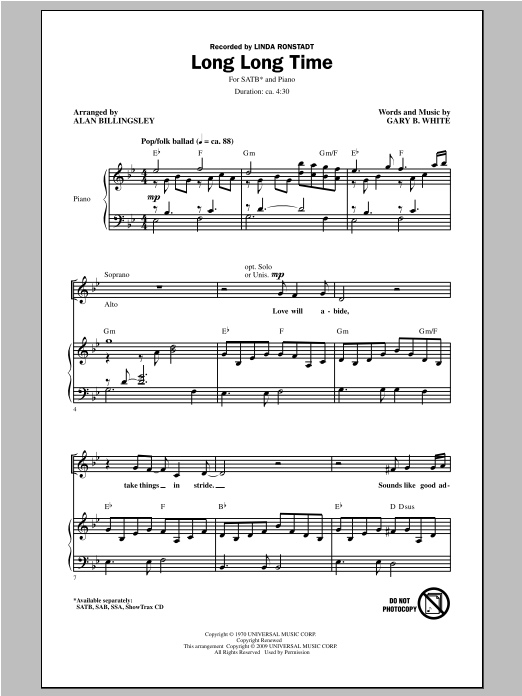 Linda Ronstadt Long Long Time (arr. Alan Billingsley) Sheet Music Notes & Chords for SSA - Download or Print PDF
