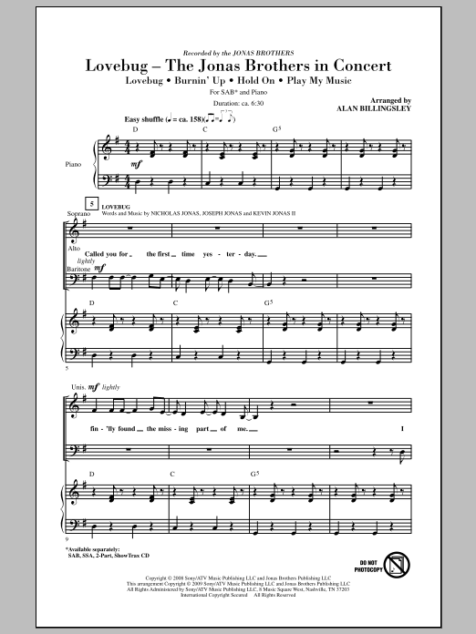 Alan Billingsley Lovebug - The Jonas Brothers In Concert (Medley) Sheet Music Notes & Chords for 2-Part Choir - Download or Print PDF