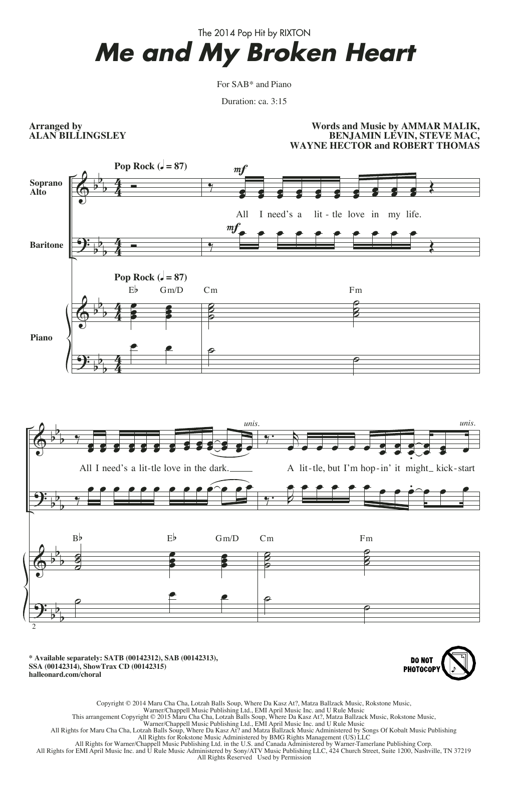 Rixton Me And My Broken Heart (arr. Alan Billingsley) Sheet Music Notes & Chords for SSA - Download or Print PDF