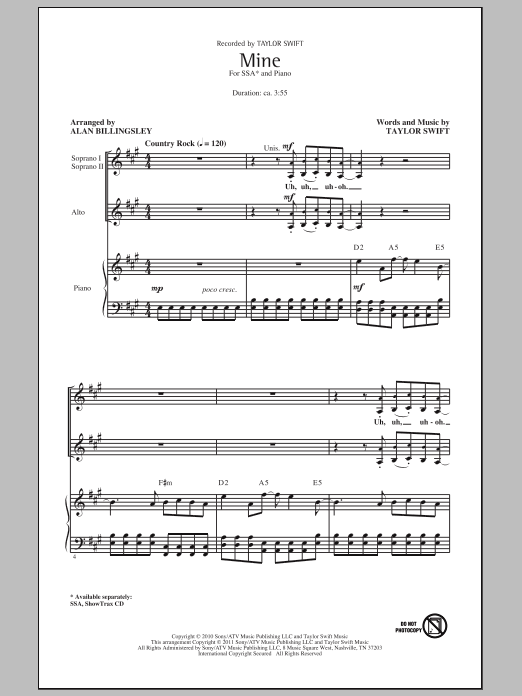 Taylor Swift Mine (arr. Alan Billingsley) Sheet Music Notes & Chords for SSA - Download or Print PDF