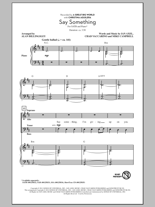 A Great Big World and Christina Aguilera Say Something (arr. Alan Billingsley) Sheet Music Notes & Chords for SAB - Download or Print PDF