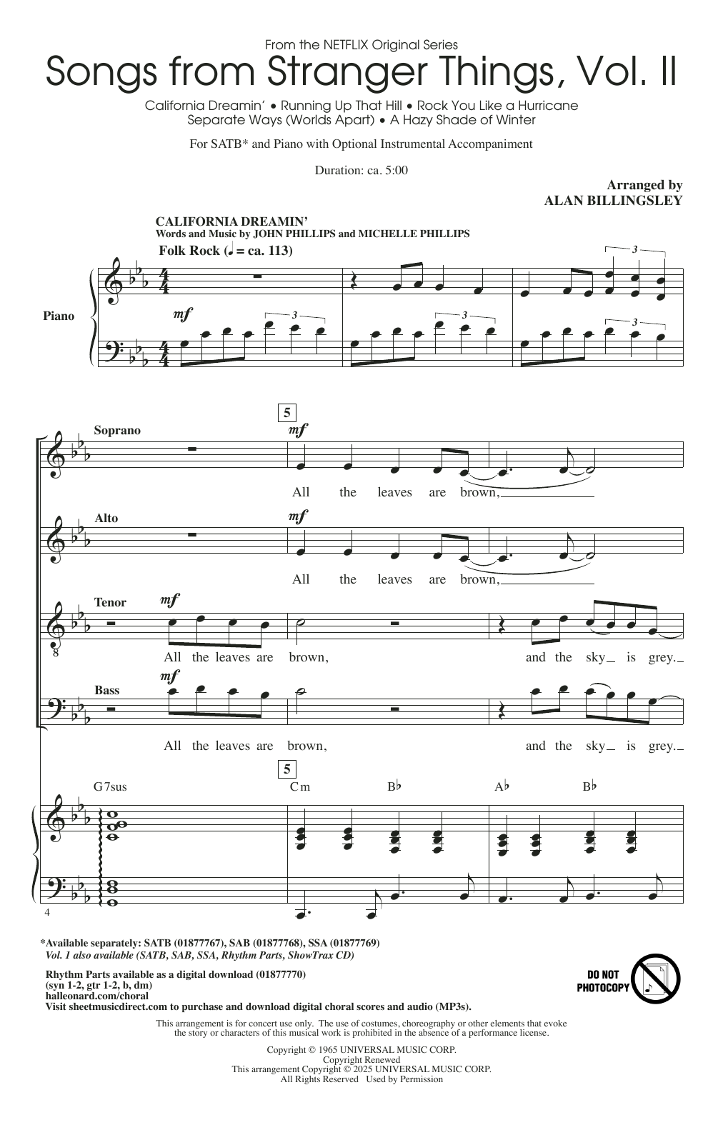 Alan Billingsley Songs from Stranger Things, Vol. II Sheet Music Notes & Chords for SAB Choir - Download or Print PDF