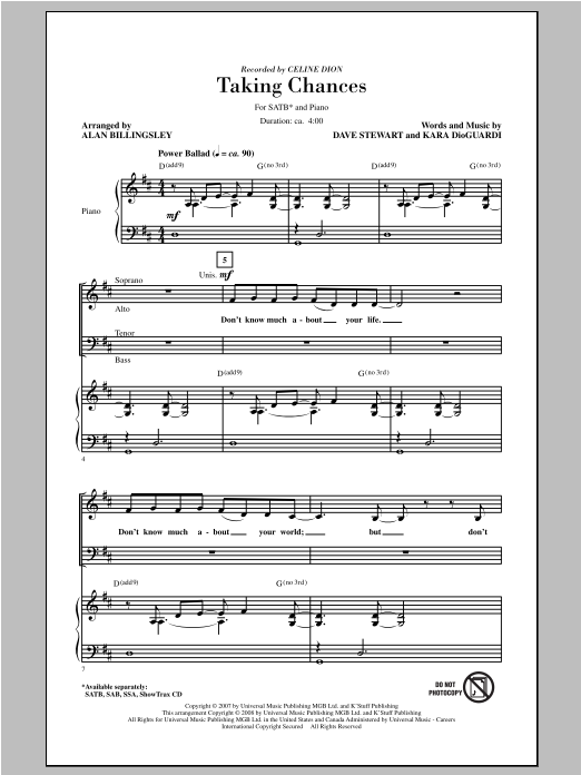 Celine Dion Taking Chances (arr. Alan Billingsley) Sheet Music Notes & Chords for SATB - Download or Print PDF