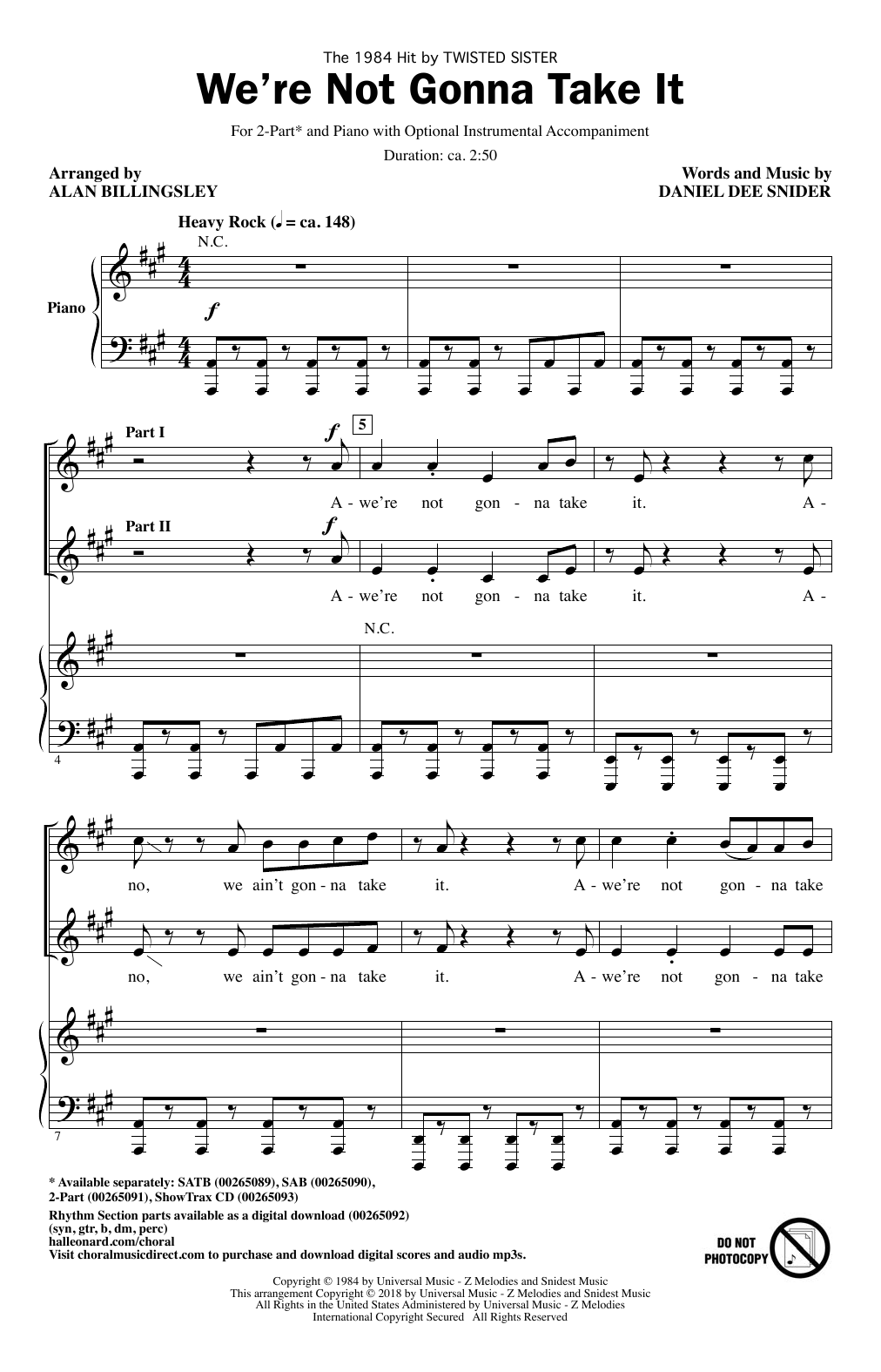 Alan Billingsley We're Not Gonna Take It Sheet Music Notes & Chords for 2-Part Choir - Download or Print PDF