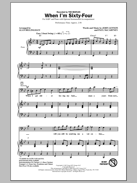 The Beatles When I'm Sixty-Four (arr. Alan Billingsley) Sheet Music Notes & Chords for SSA - Download or Print PDF