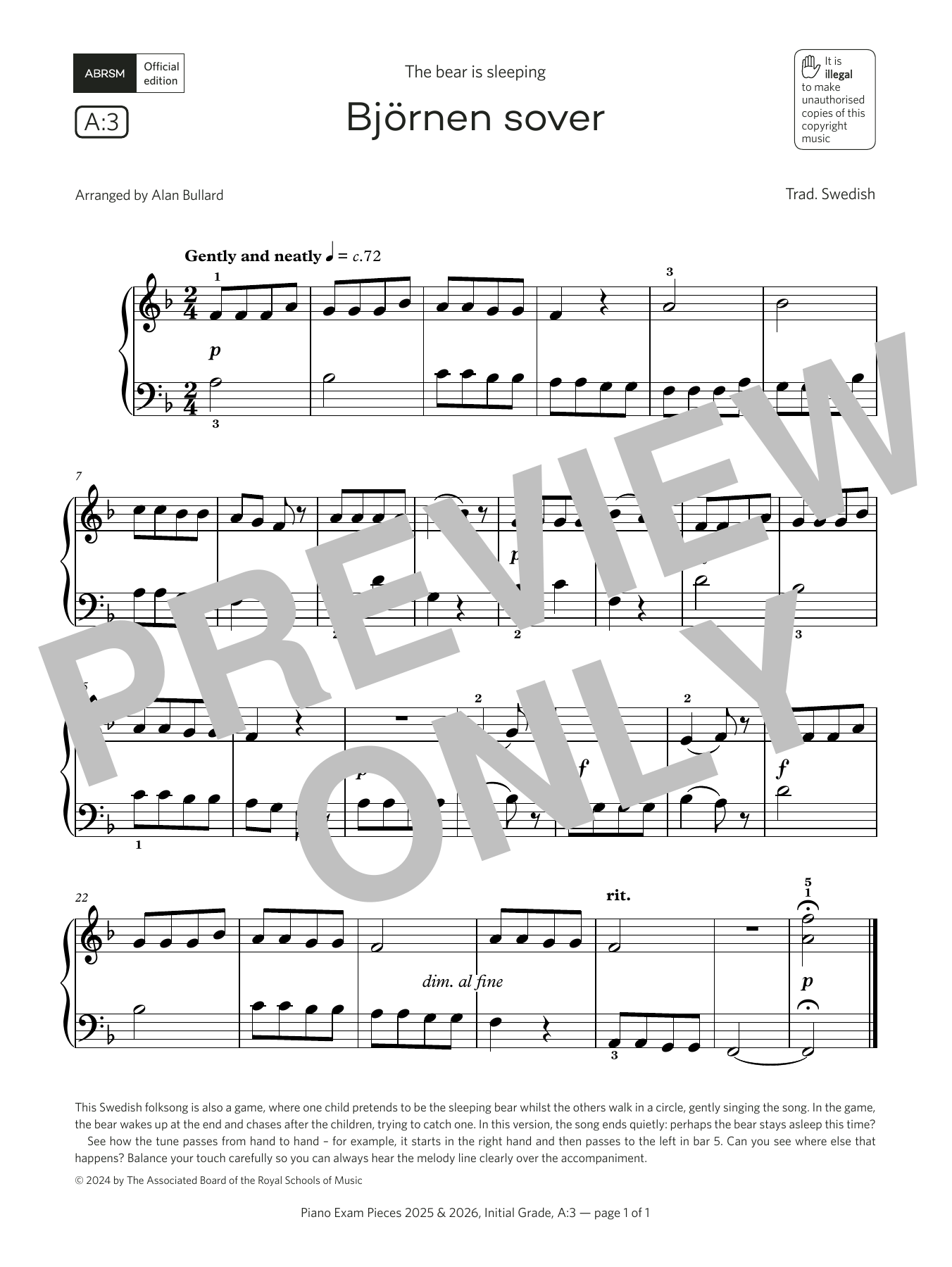 Alan Bullard Bjørnen sover (Grade Initial, list A3, from the ABRSM Piano Syllabus 2025 & 2026) Sheet Music Notes & Chords for Piano Solo - Download or Print PDF