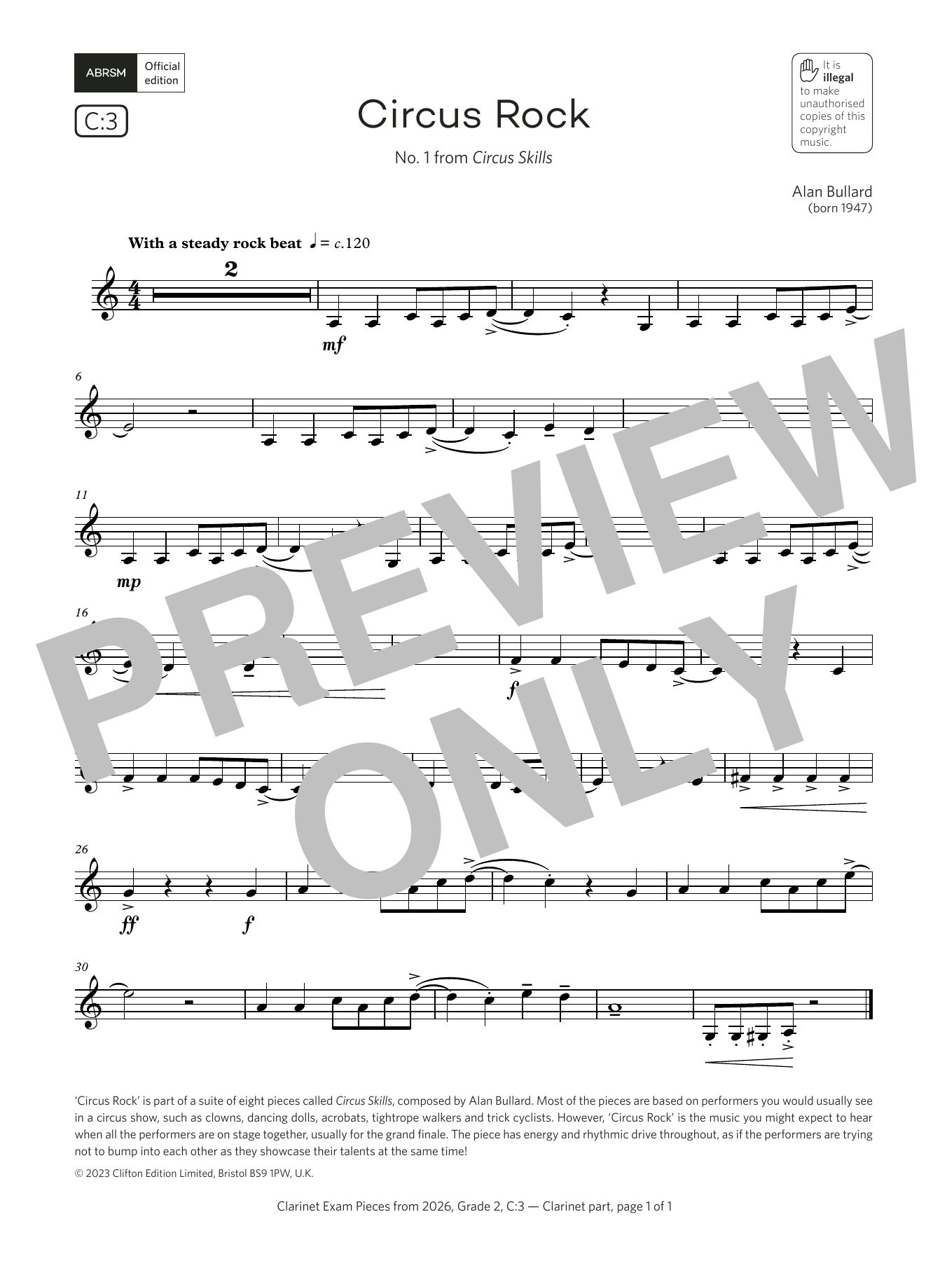 Alan Bullard Circus Rock (Grade 2, list C3, from the ABRSM Clarinet Syllabus from 2026) Sheet Music Notes & Chords for Clarinet Solo - Download or Print PDF Alan Bullard Circus Rock (Grade 2, list C3, from the ABRSM Clarinet Syllabus from 2026) Sheet Music Notes & Chords for Clarinet Solo - Download or Print PDF