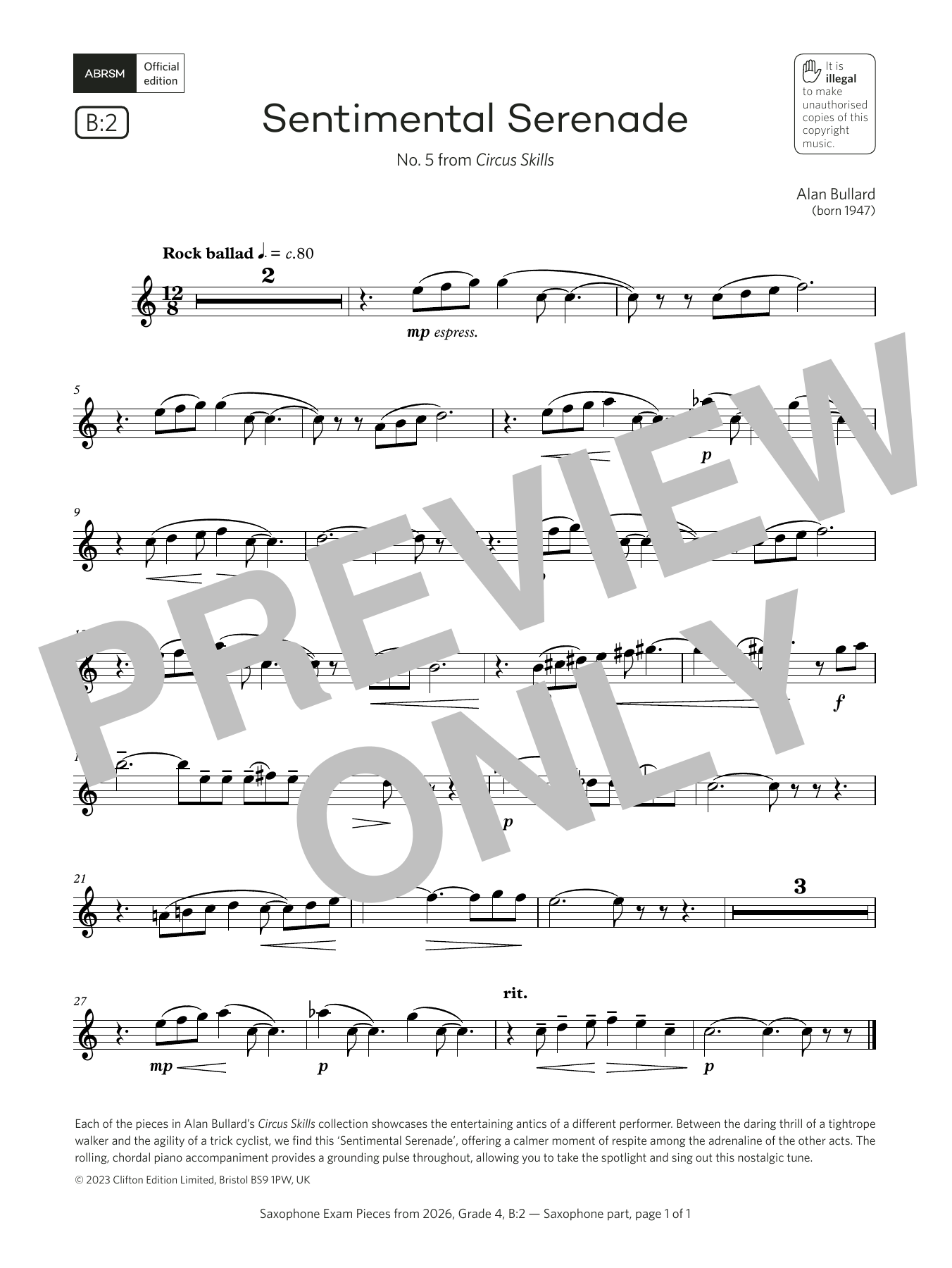 Alan Bullard Sentimental Serenade (Grade 4, list B2, from the ABRSM Saxophone Syllabus from 2026) Sheet Music Notes & Chords for Alto Sax Solo - Download or Print PDF