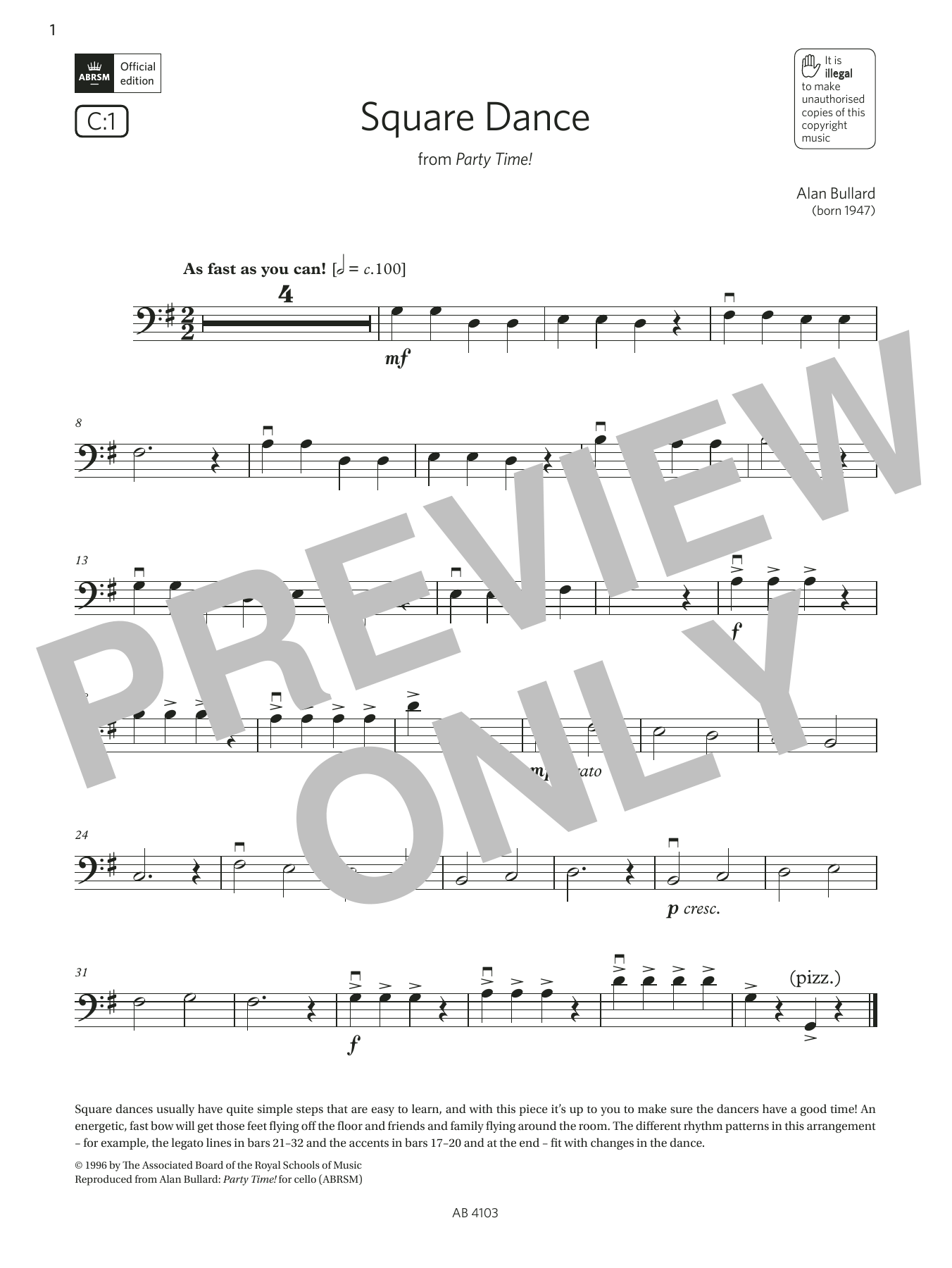 Alan Bullard Square Dance (Grade Initial, C1, from the ABRSM Cello Syllabus from 2024) Sheet Music Notes & Chords for Cello Solo - Download or Print PDF