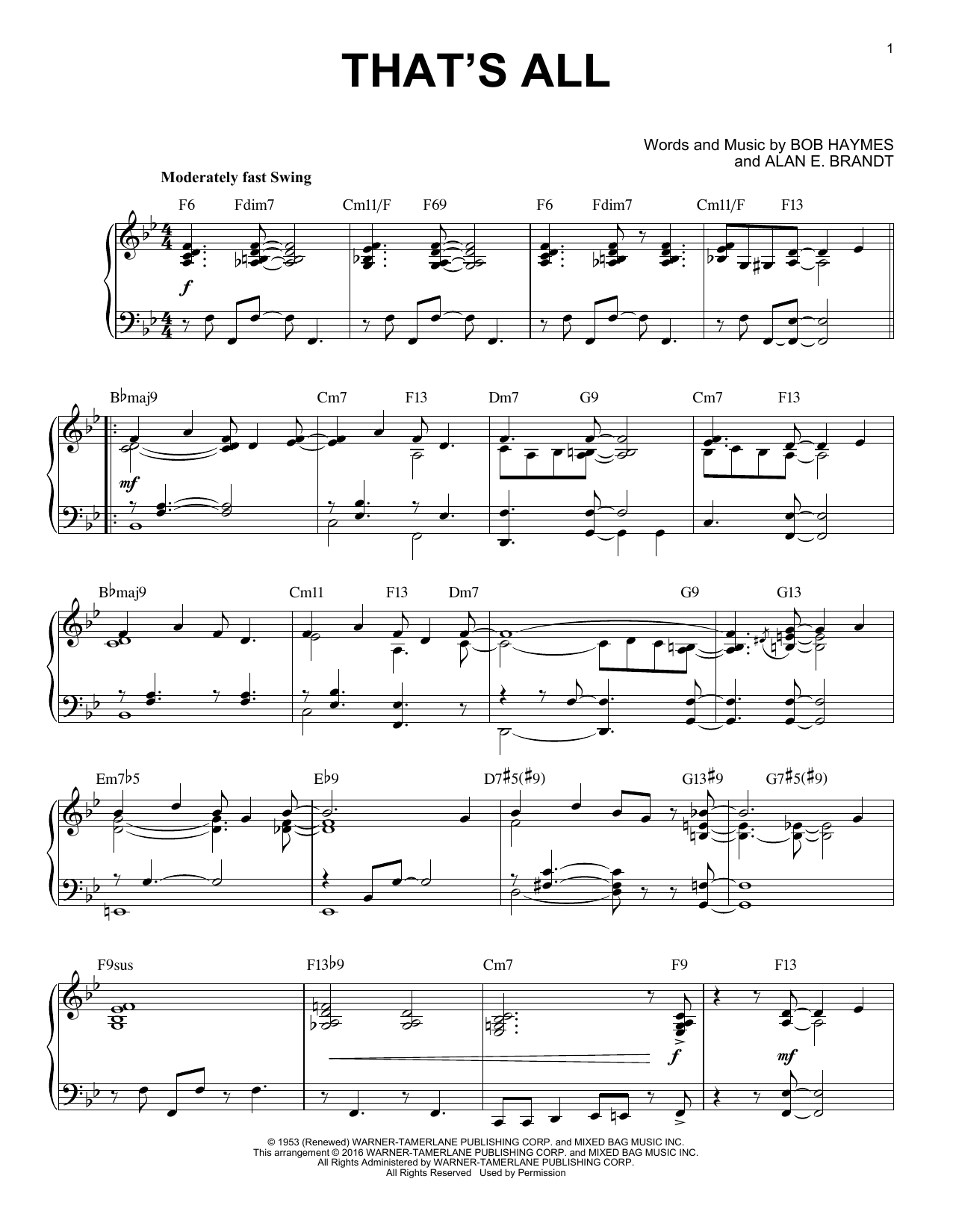 Alan E. Brandt That's All [Jazz version] (arr. Brent Edstrom) Sheet Music Notes & Chords for Piano - Download or Print PDF