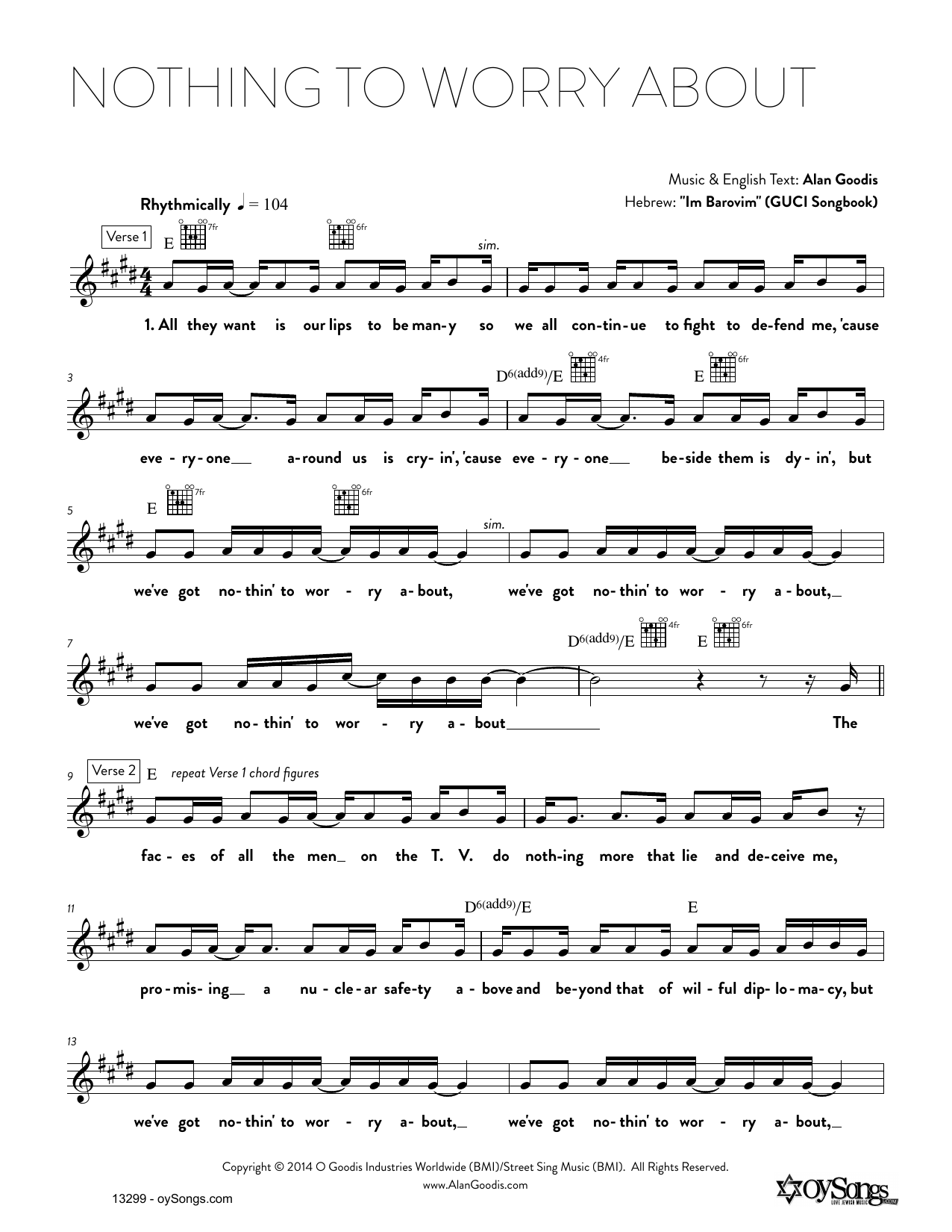 Alan Goodis Nothing To Worry About Sheet Music Notes & Chords for Real Book – Melody, Lyrics & Chords - Download or Print PDF