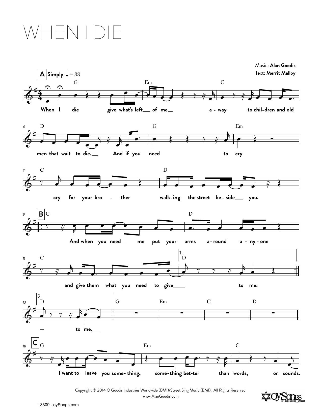 Alan Goodis When I Die Sheet Music Notes & Chords for Real Book – Melody, Lyrics & Chords - Download or Print PDF