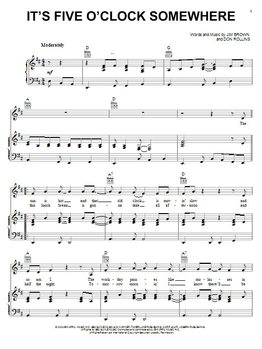 Alan Jackson It's Five O'Clock Somewhere Sheet Music Notes & Chords for Piano, Vocal & Guitar (Right-Hand Melody) - Download or Print PDF