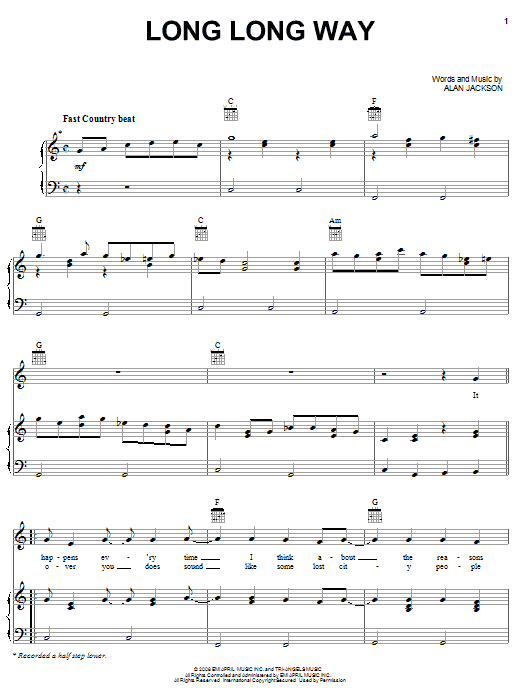 Alan Jackson Long Long Way Sheet Music Notes & Chords for Piano, Vocal & Guitar (Right-Hand Melody) - Download or Print PDF