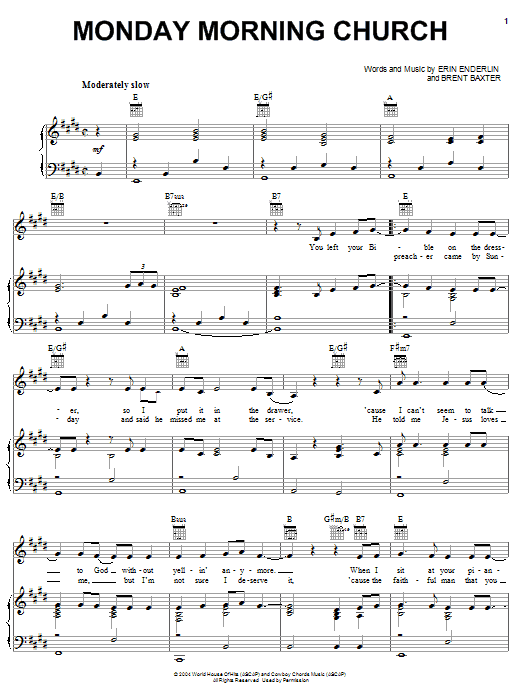 Alan Jackson Monday Morning Church Sheet Music Notes & Chords for Piano, Vocal & Guitar (Right-Hand Melody) - Download or Print PDF Alan Jackson Monday Morning Church Sheet Music Notes & Chords for Piano, Vocal & Guitar (Right-Hand Melody) - Download or Print PDF