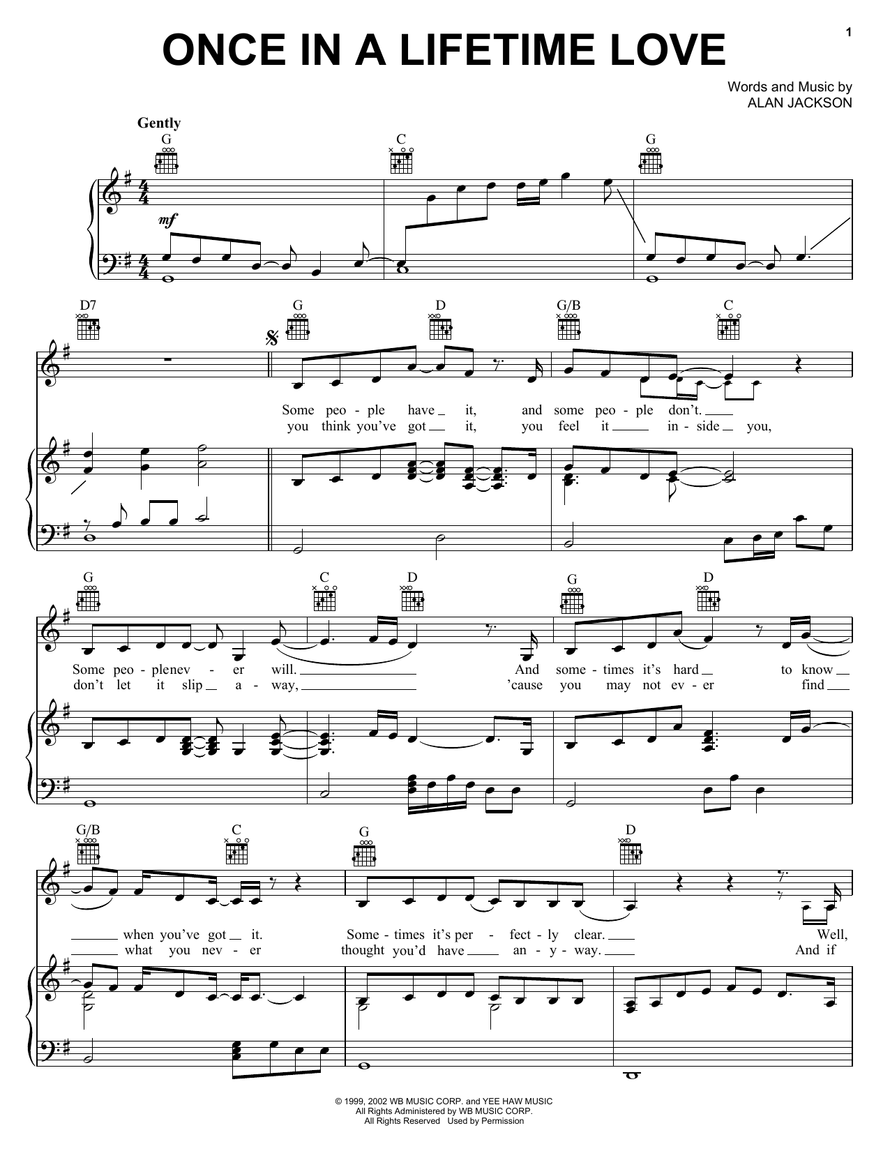 Alan Jackson Once In A Lifetime Love Sheet Music Notes & Chords for Piano, Vocal & Guitar (Right-Hand Melody) - Download or Print PDF