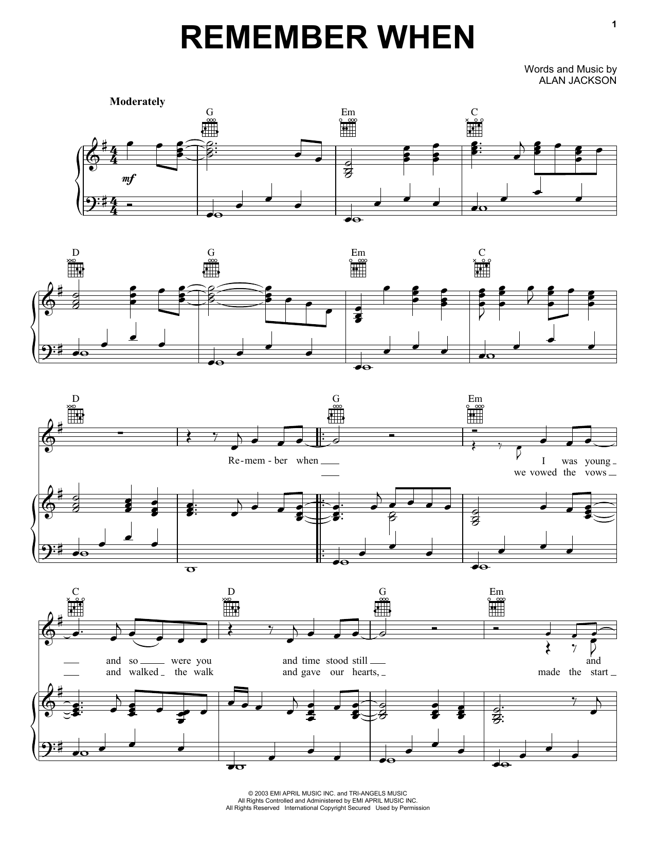 Alan Jackson Remember When Sheet Music Notes & Chords for Melody Line, Lyrics & Chords - Download or Print PDF