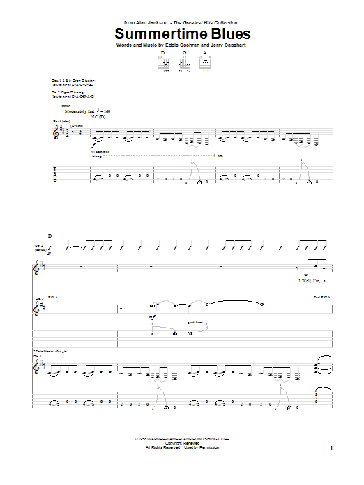 Alan Jackson Summertime Blues Sheet Music Notes & Chords for Guitar Tab - Download or Print PDF