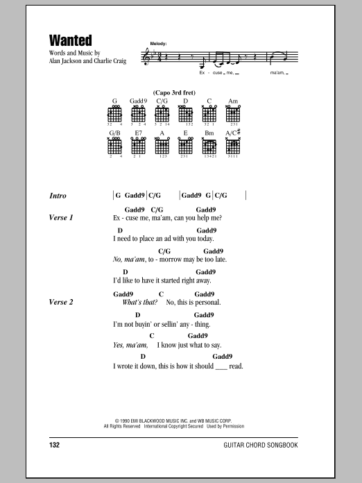 Alan Jackson Wanted Sheet Music Notes & Chords for Lyrics & Chords - Download or Print PDF