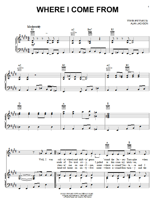 Alan Jackson Where I Come From Sheet Music Notes & Chords for Piano, Vocal & Guitar (Right-Hand Melody) - Download or Print PDF