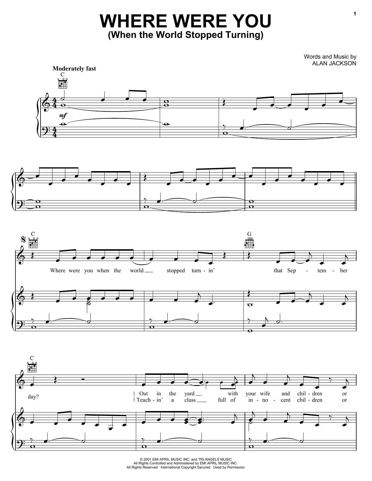 Alan Jackson Where Were You (When The World Stopped Turning) Sheet Music Notes & Chords for Melody Line, Lyrics & Chords - Download or Print PDF