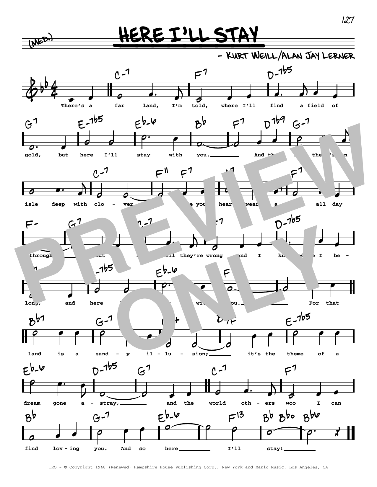 Alan Jay Lerner & Kurt Weill Here I'll Stay (High Voice) (from Love Life) Sheet Music Notes & Chords for Real Book – Melody, Lyrics & Chords - Download or Print PDF